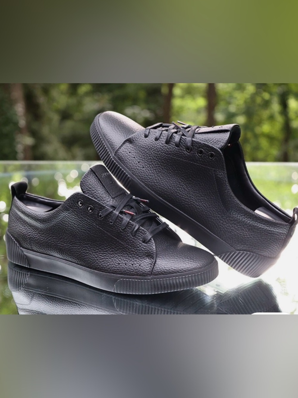 HUGO Men's Black Leather Low-Top Lace-Up Sneakers
